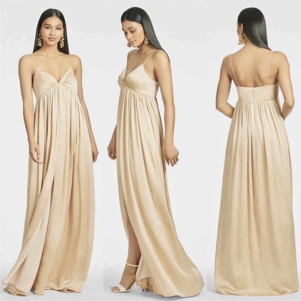 NWT Sachin Babi Champagne Full “Jessica” Maxi Gown Front Slit Size 4